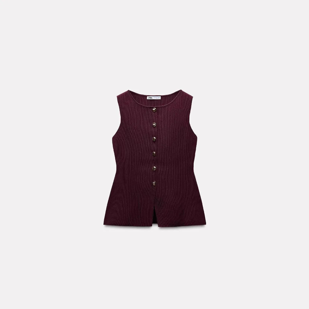 Slim fit dark red viscose vest with 3D pattern detailing and gold button front
