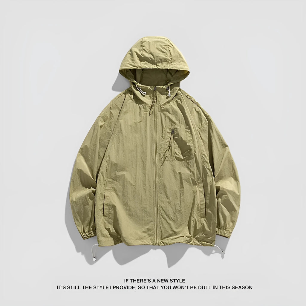 Men and women couple sun protection jacket in light army green, lightweight hooded Lycra fabric, available in multiple sizes