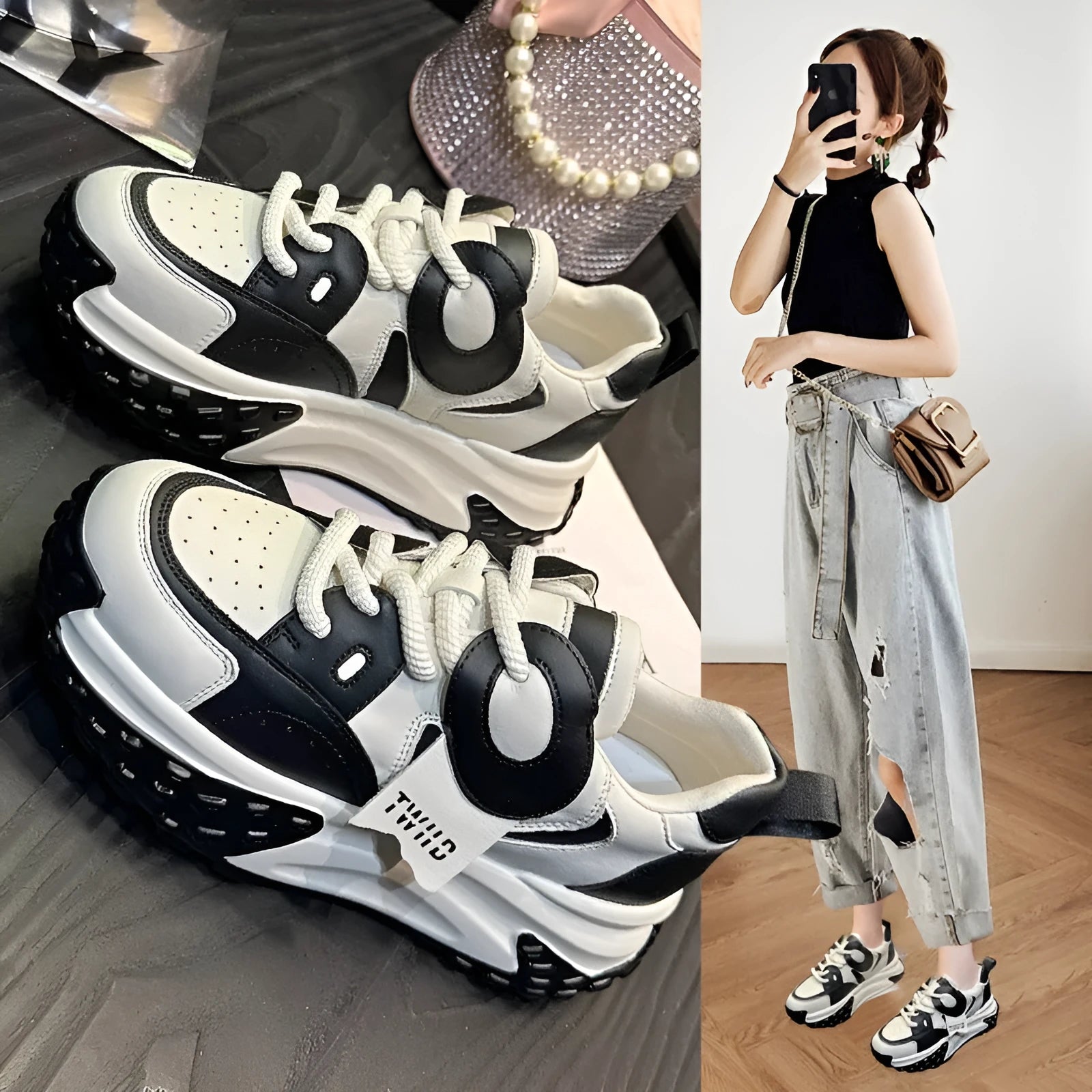 A pair of thick-soled leather casual shoes with a wedge heel and front lace-up design.