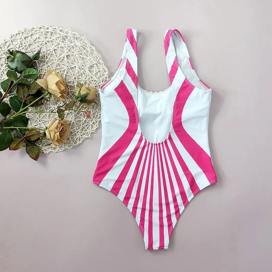 Women's pink striped one-piece swimsuit with digital printed front and rear positioning