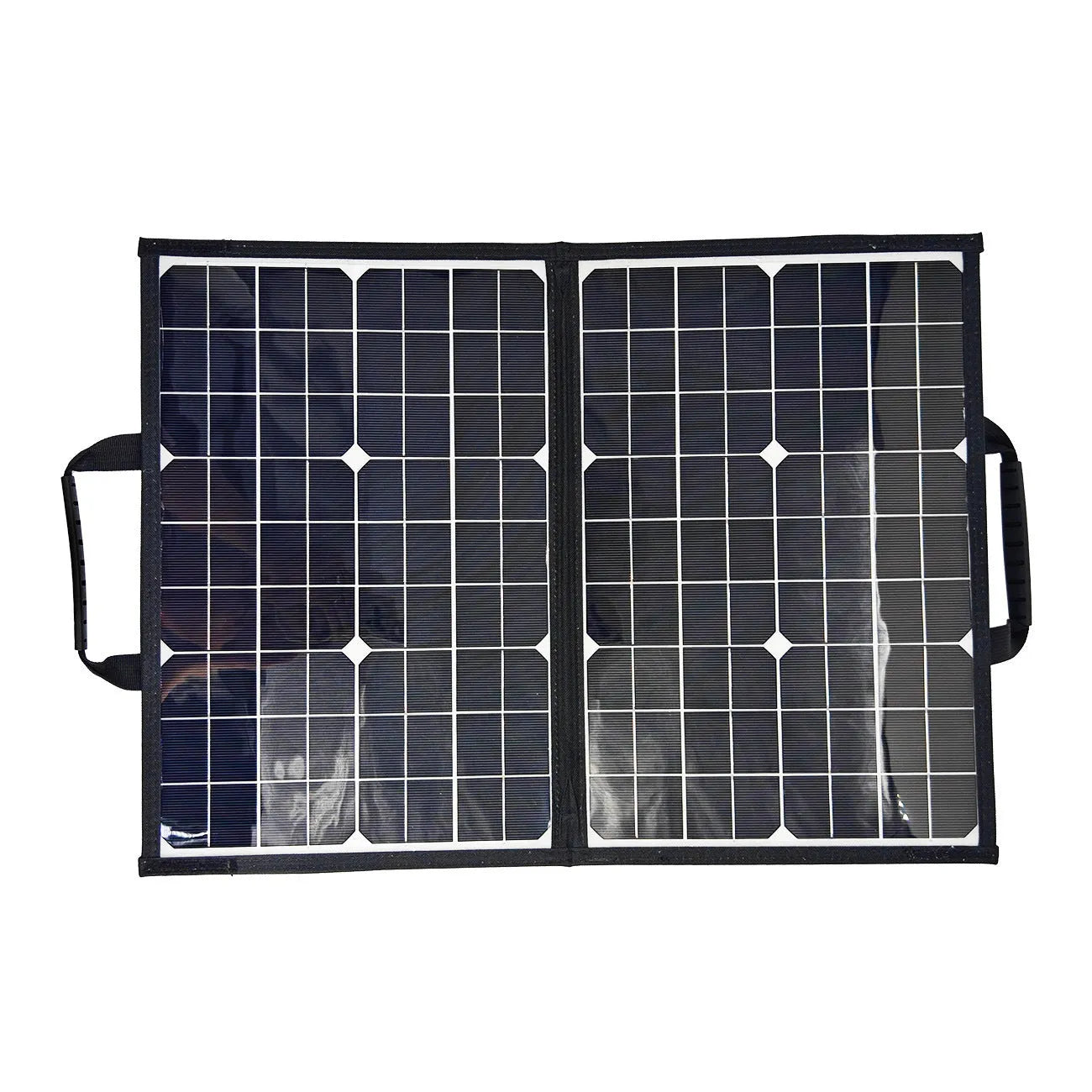 Black folding bag portable solar charger with 40W single crystal panel, shown folded to 425x285x8mm size.