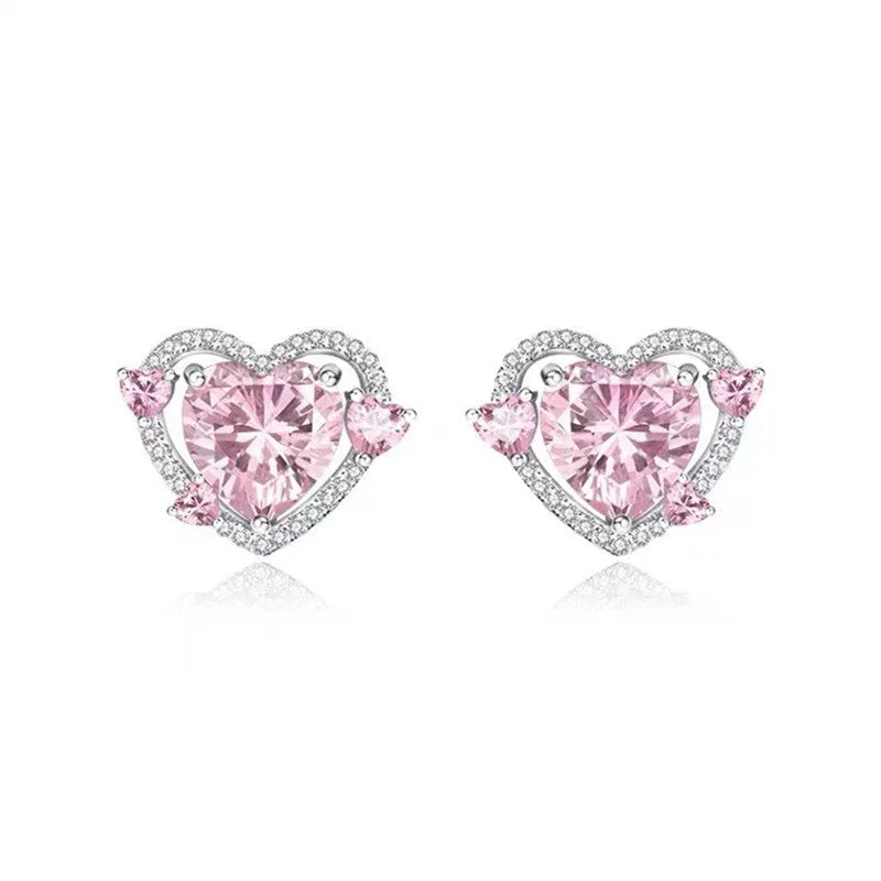 Women's heart-shaped stud earrings with white gold colour electroplated finish