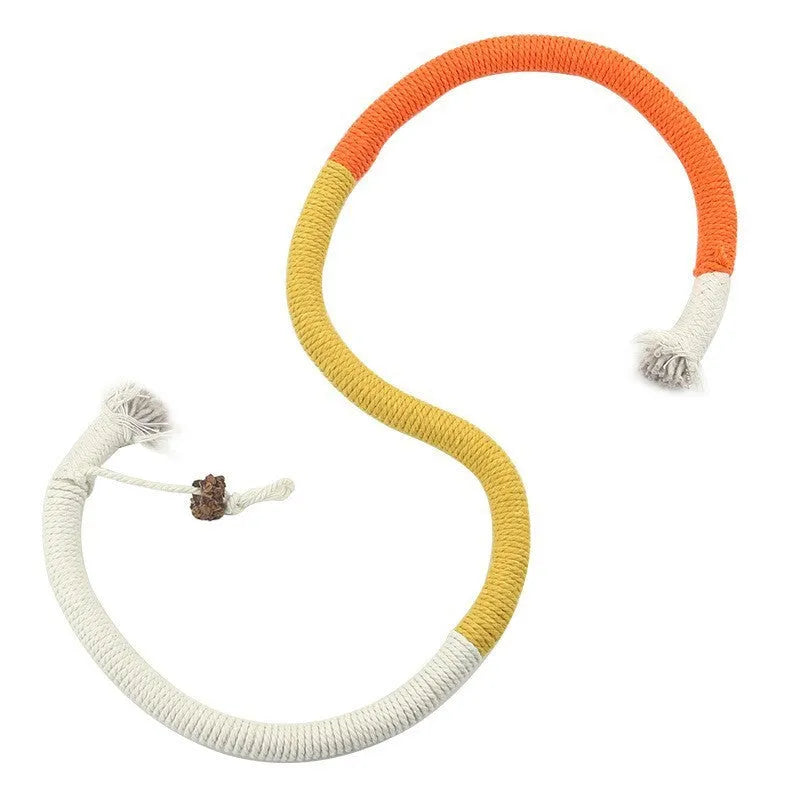 70cm long cat chew rope toy in three colours: purple, orange, and red with green, made from cotton string