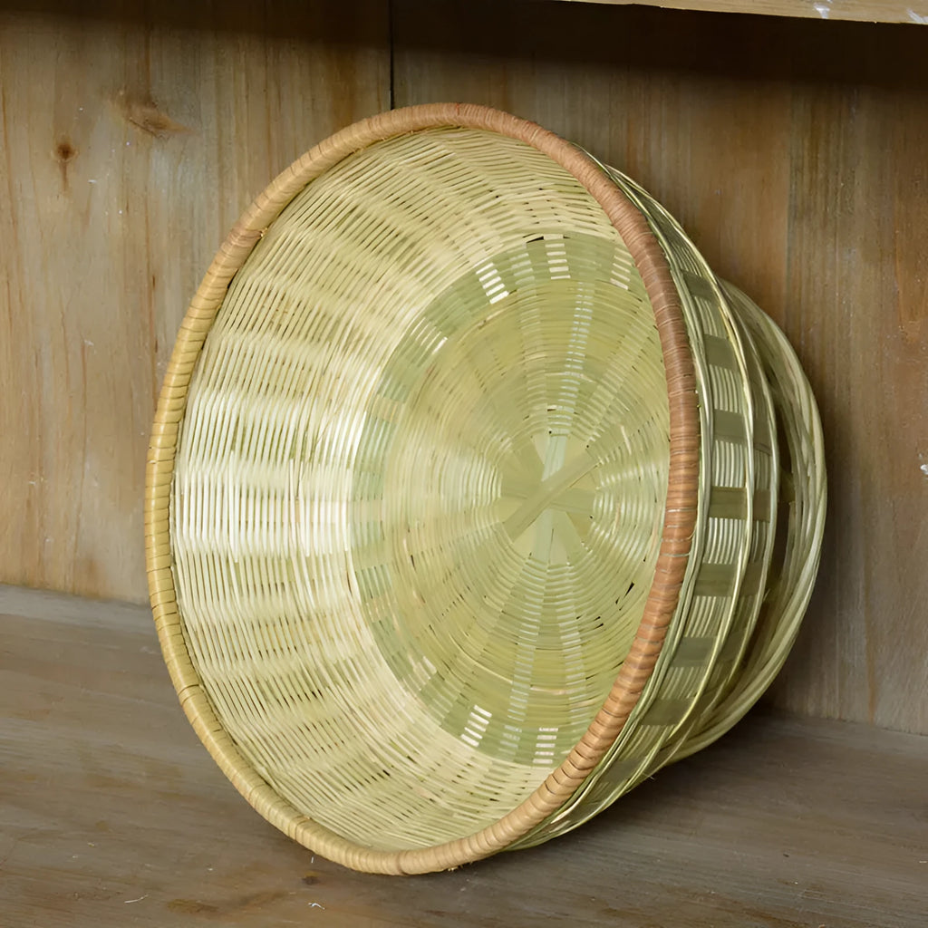 Handmade natural bamboo storage basket shown in three size variants for home organisation.