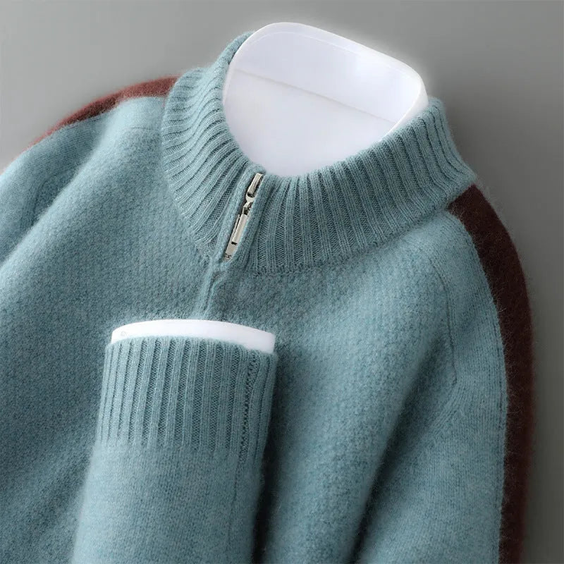 Half-zip round neck slim fit sheep wool knitted sweater in grey.