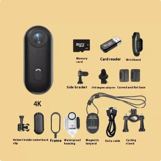 H88 thumb-sized 4K mini sports camera with magnetic mount and waterproof case on a black background