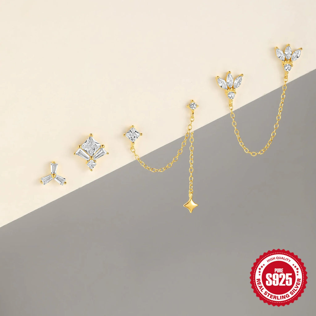 Golden geometric S925 sterling silver stud earrings with zircon inlays, showing clover, crown, and chain horse eye designs.