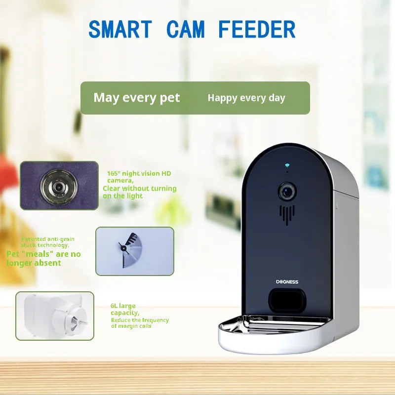 Smart automatic pet feeder with smartphone app control and transparent food container.