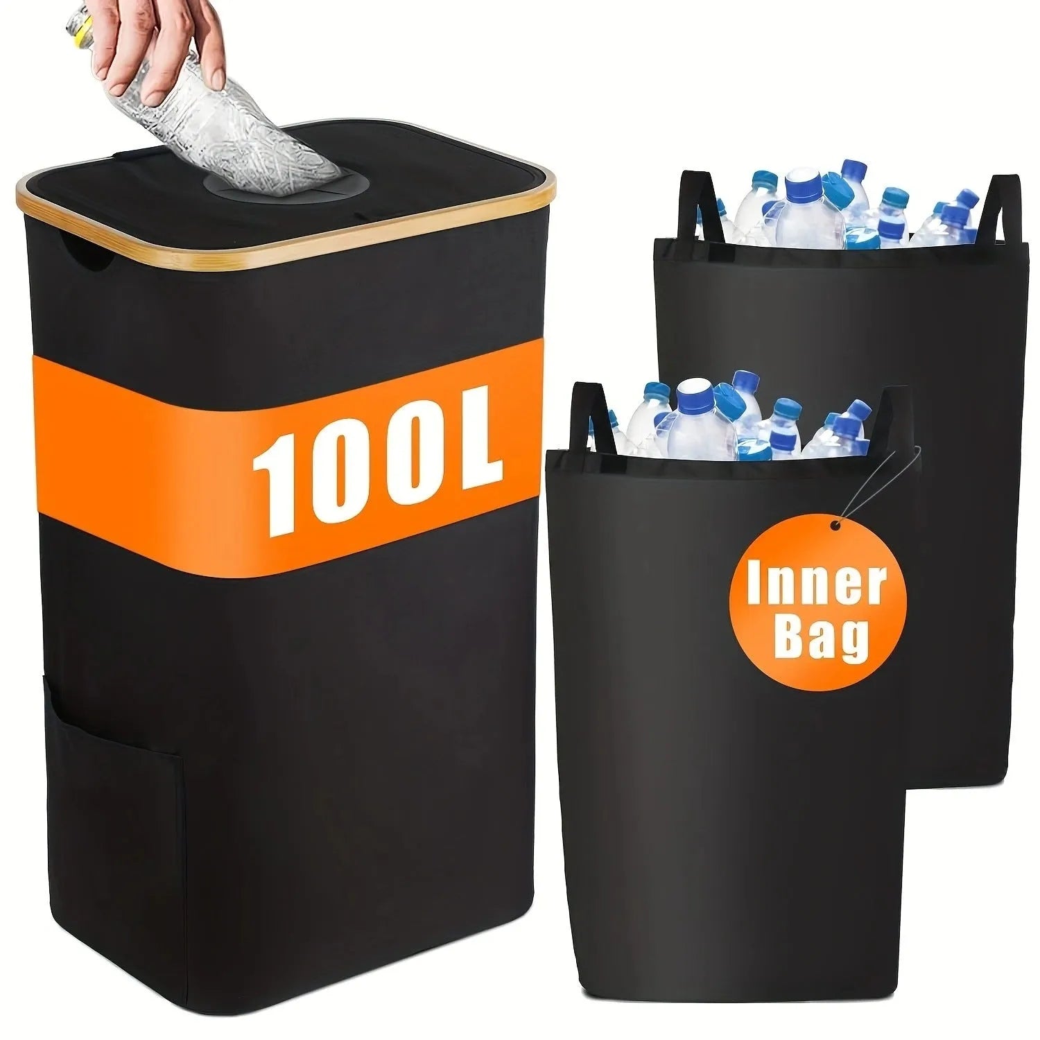 Black bamboo storage basket with lid, removable bottle holder and double inner pockets