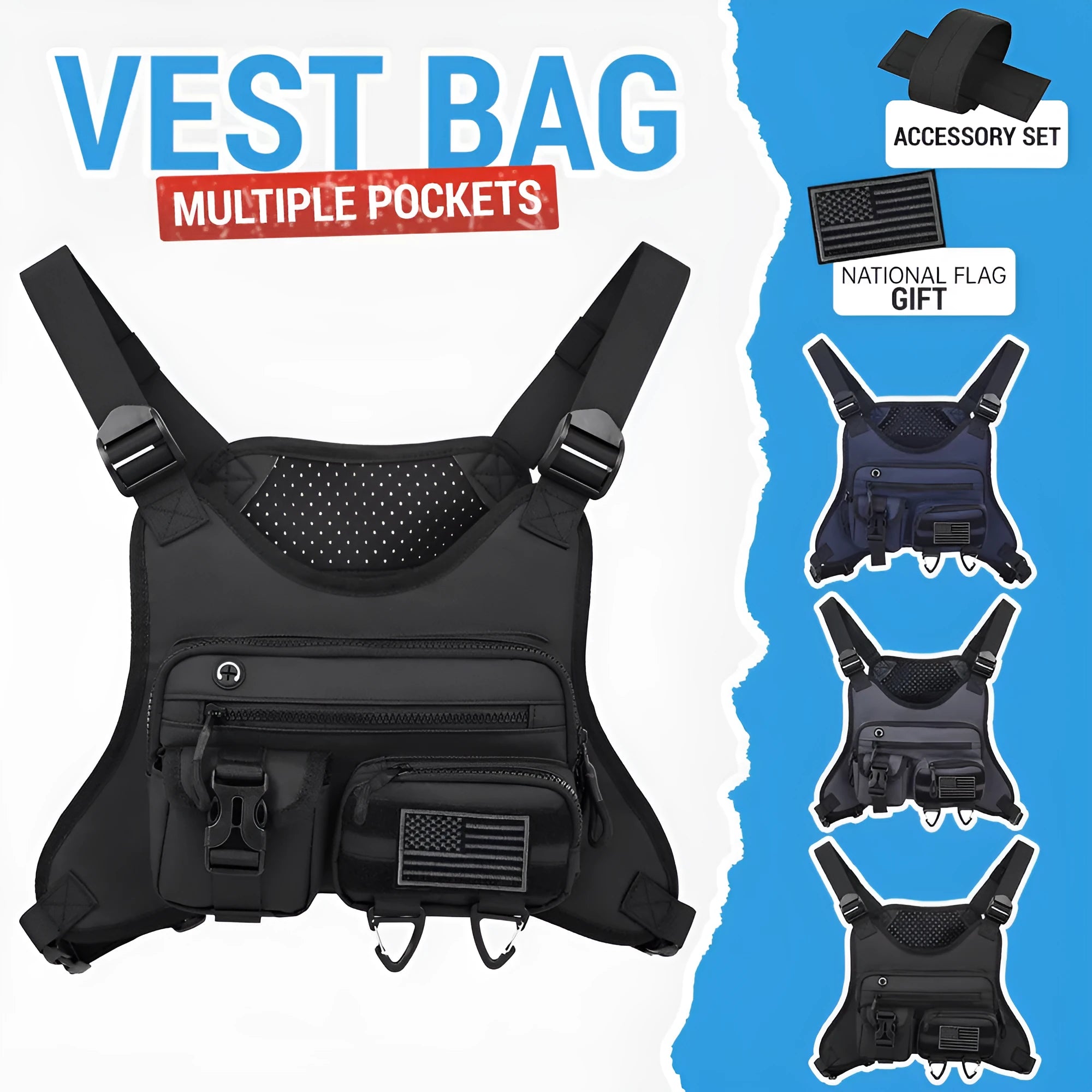 Oxford cloth chest bag with vest design in black, gray, or blue for outdoor sports