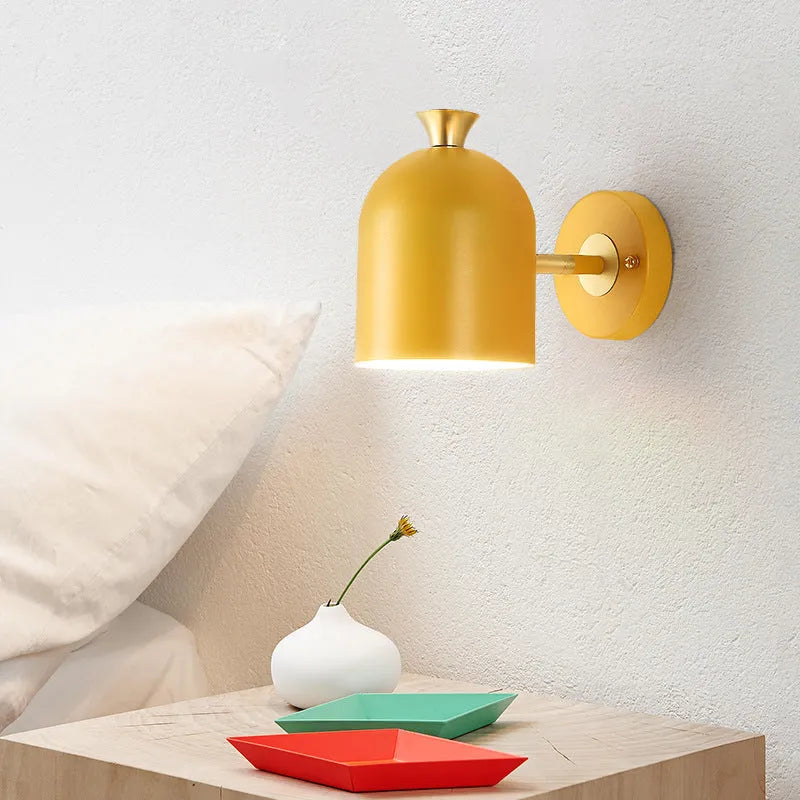 Single-head aluminium wall lamp with mirror front in choice of blue, green, pink or yellow LED light.