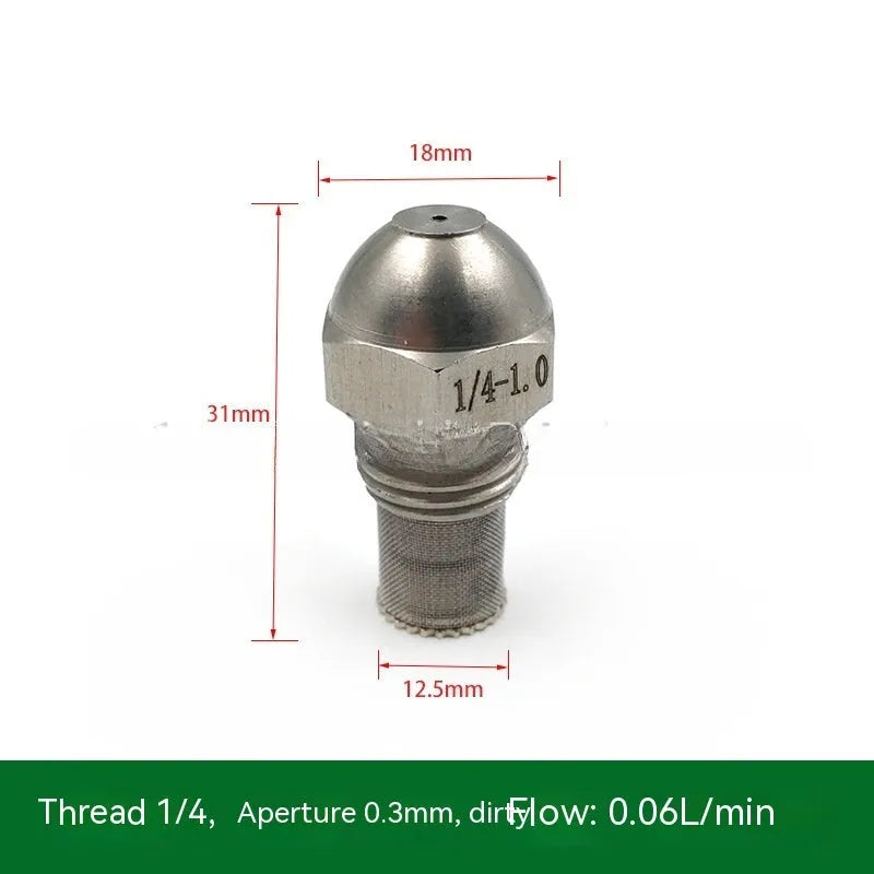 304 stainless steel two-point industrial spray nozzle with external thread and filter screen for atomisation.