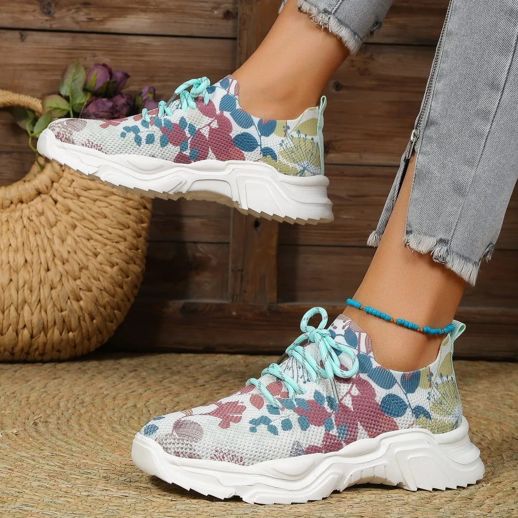 Flyknit slip-on running shoes with 3D printed floral pattern in pink green colour