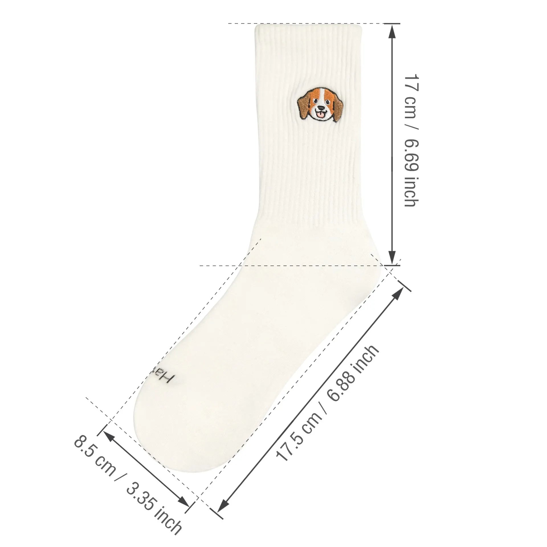 White cotton tube socks with printed Corgi dog pattern on a white background