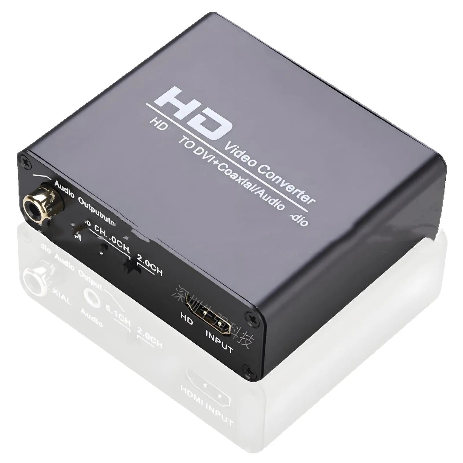 Black HDMI to DVI converter with coaxial audio output port and 1.5 metre attached cable