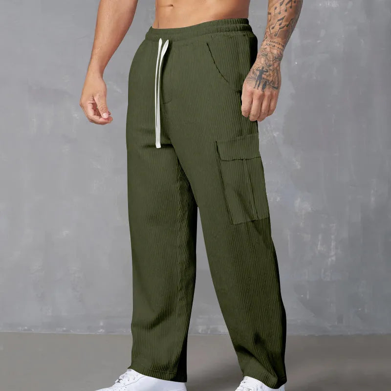 Men's corduroy cargo trousers in straight wide-leg design with drawstring waist