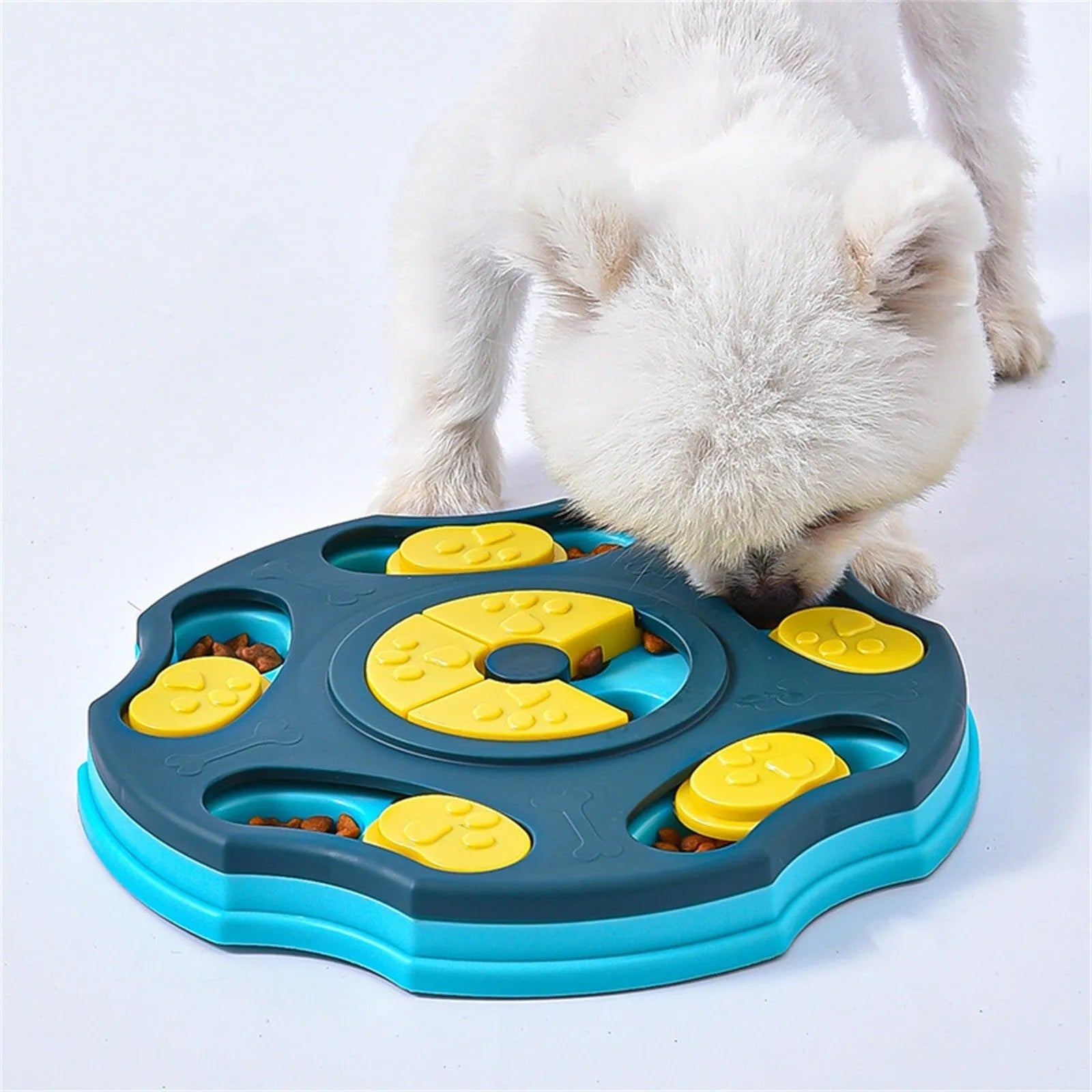 Blue dog puzzle feeder toy with interactive search-and-reward design for mental stimulation and slower eating.