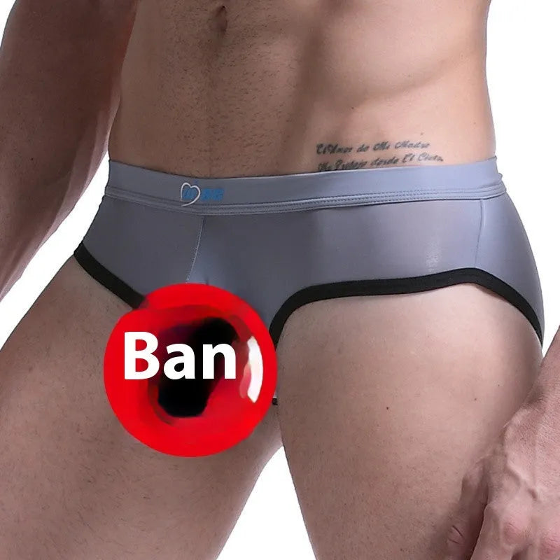Men's army green ice silk bazooka briefs showing bullet separation and mid waist design