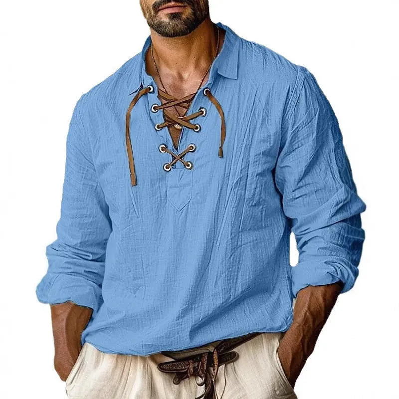 Men's loose fit plus size linen shirt with lapel collar and lace detailing in a solid colour.