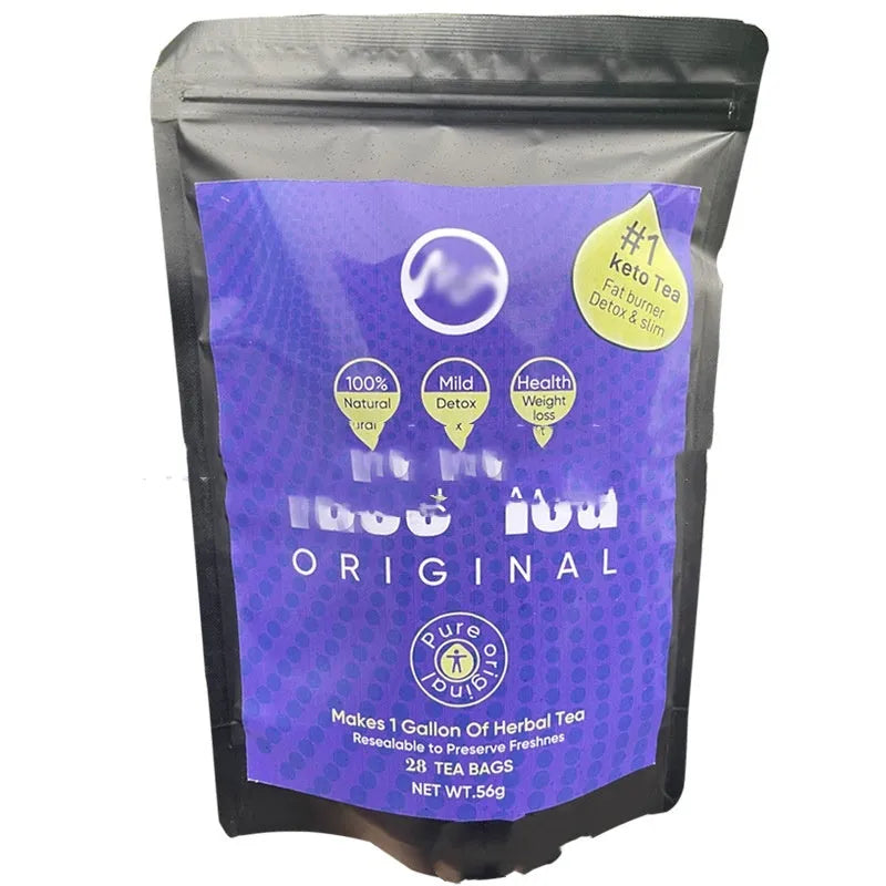 Single tea bag from a 28-day herbal slimming tea programme for women, showing one of thirteen variety options.