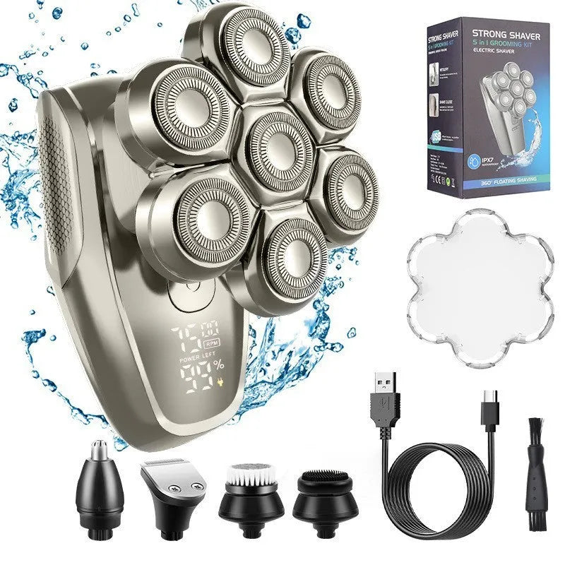 Men's multifunctional magnetic knife head electric shaver with floating cutter and LED display on black background