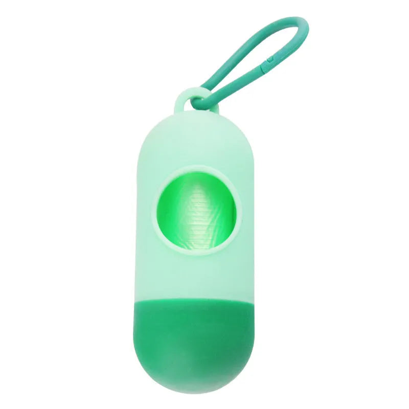 Plastic dog waste bag dispenser holder with a side hook, shown in blue colour