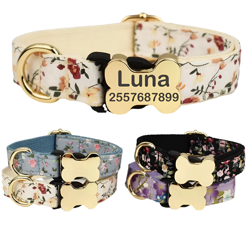 Flat nylon dog collar with printed grid pattern and bone buckle in assorted colours