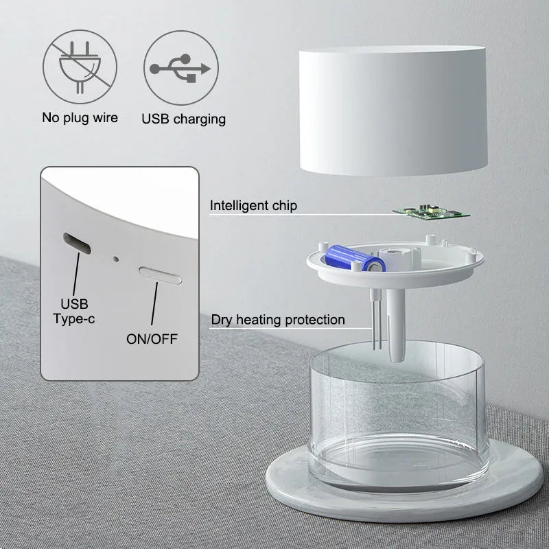 Wireless air humidifier diffuser in white with USB cable, 130 x 130 x 100mm, 780ml tank, 2000mAh battery