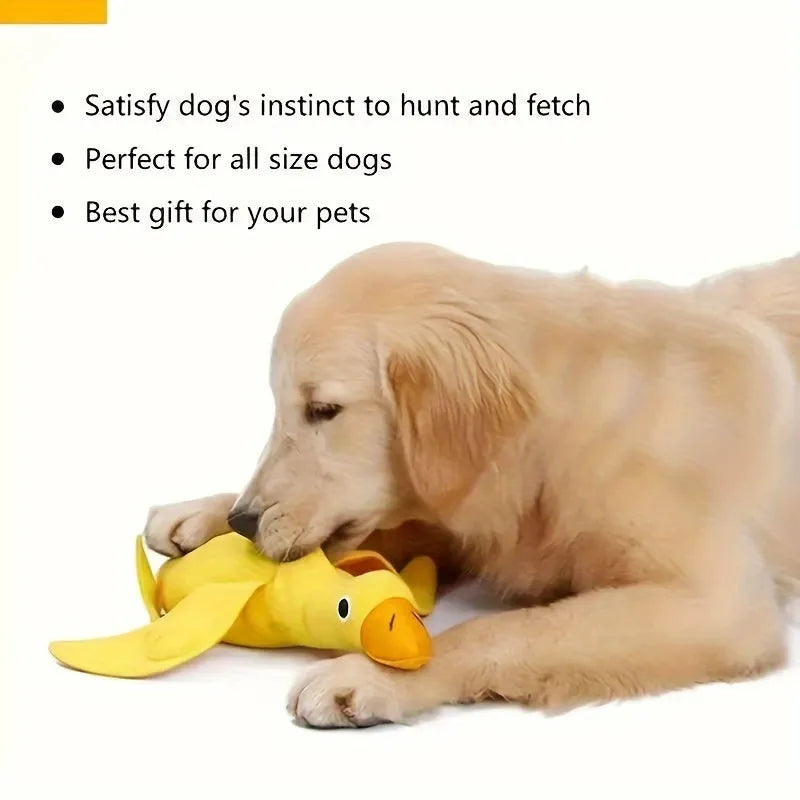 Yellow teddy bear duck plush dog toy with squeaker and treat holes.