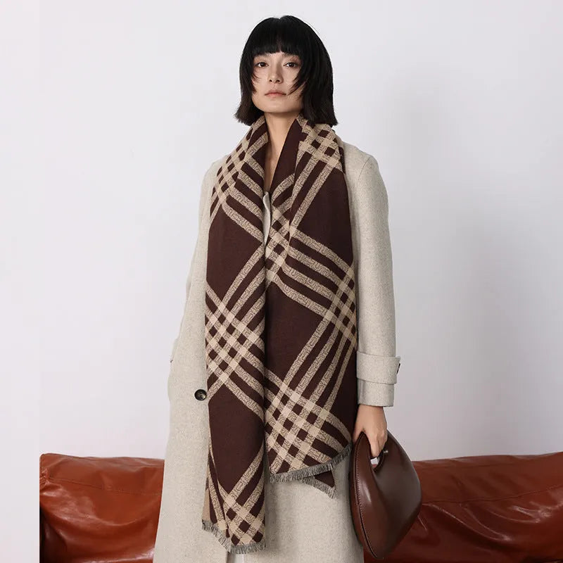 Imitation cashmere scarf with tassels in four colour options on mannequin