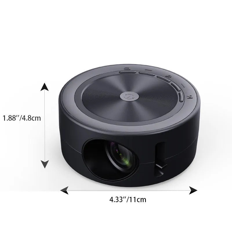 Wired home LED projector YT200 in compact 110x47mm casing with remote control and USB cord