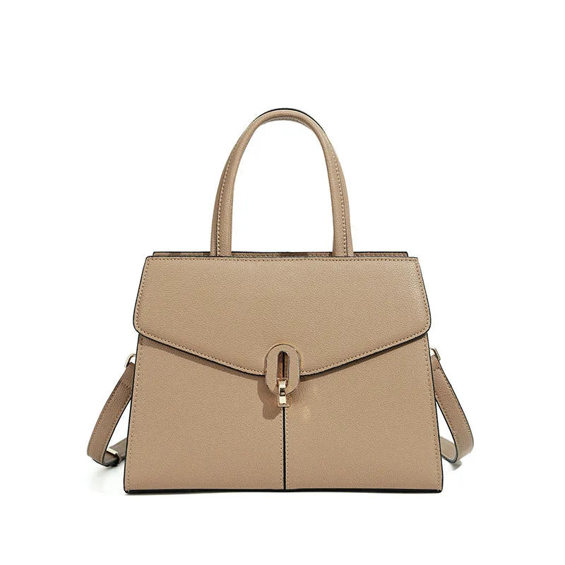 Genuine leather box handbag with litchi pattern and lock detail in brown