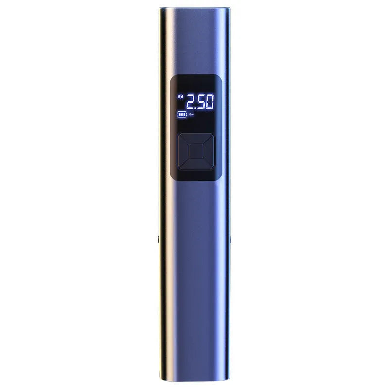 Wireless car air pump with digital display, vacuum cleaner attachment and emergency lighting functions