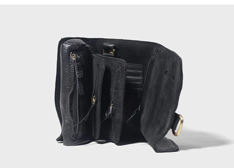 Handmade cow leather vintage wallet showing tape extraction closure in black colour
