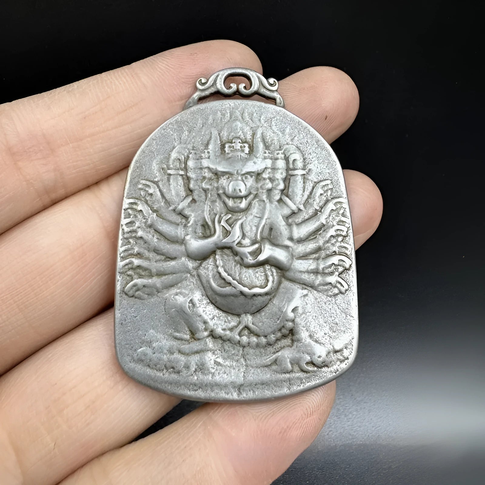 Iron metal pendant with Chinese geometric style and Buddhist Yamantaka deity design