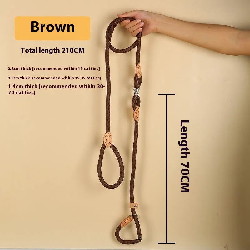 Brown dog leash with nylon P chain handle and rope section, 2.1 metres long