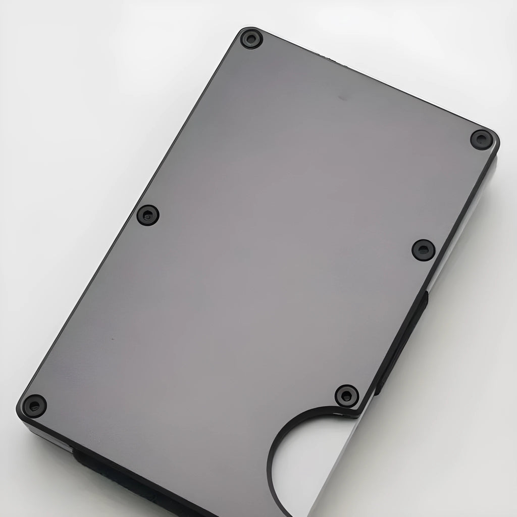 Aluminium grey carbon fibre wallet with anti-theft technology showing seven card slots