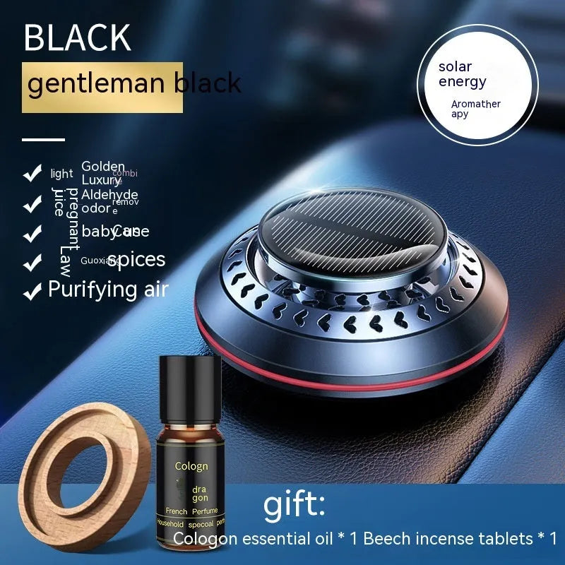 Solar-powered aluminium alloy car air freshener and purifier unit on a dashboard