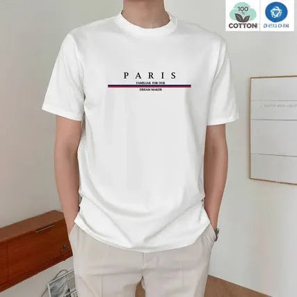 Men's white short-sleeved t-shirt with black letter print design on pure cotton fabric