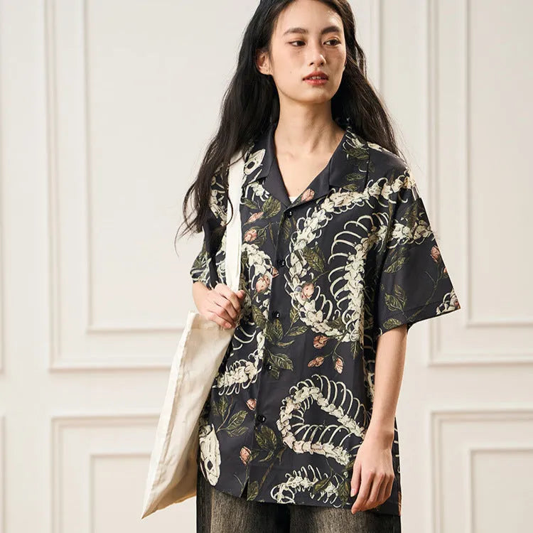Snake bone pattern Cuban collar shirt with floral print and short sleeves