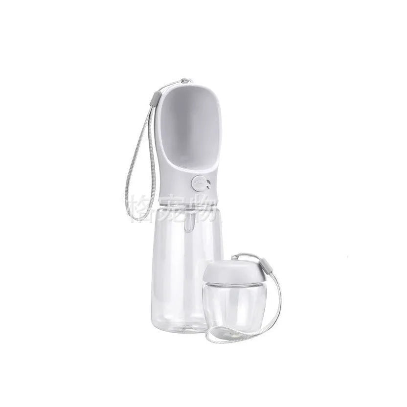 Blue portable dog water bottle with a collapsible bowl extended, showing the two-in-one design.