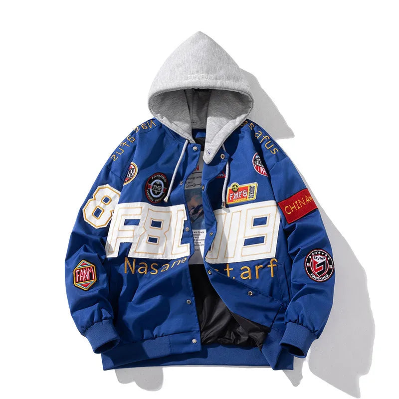 Black loose-fit motorcycle baseball jacket with a removable hood and side pocket.