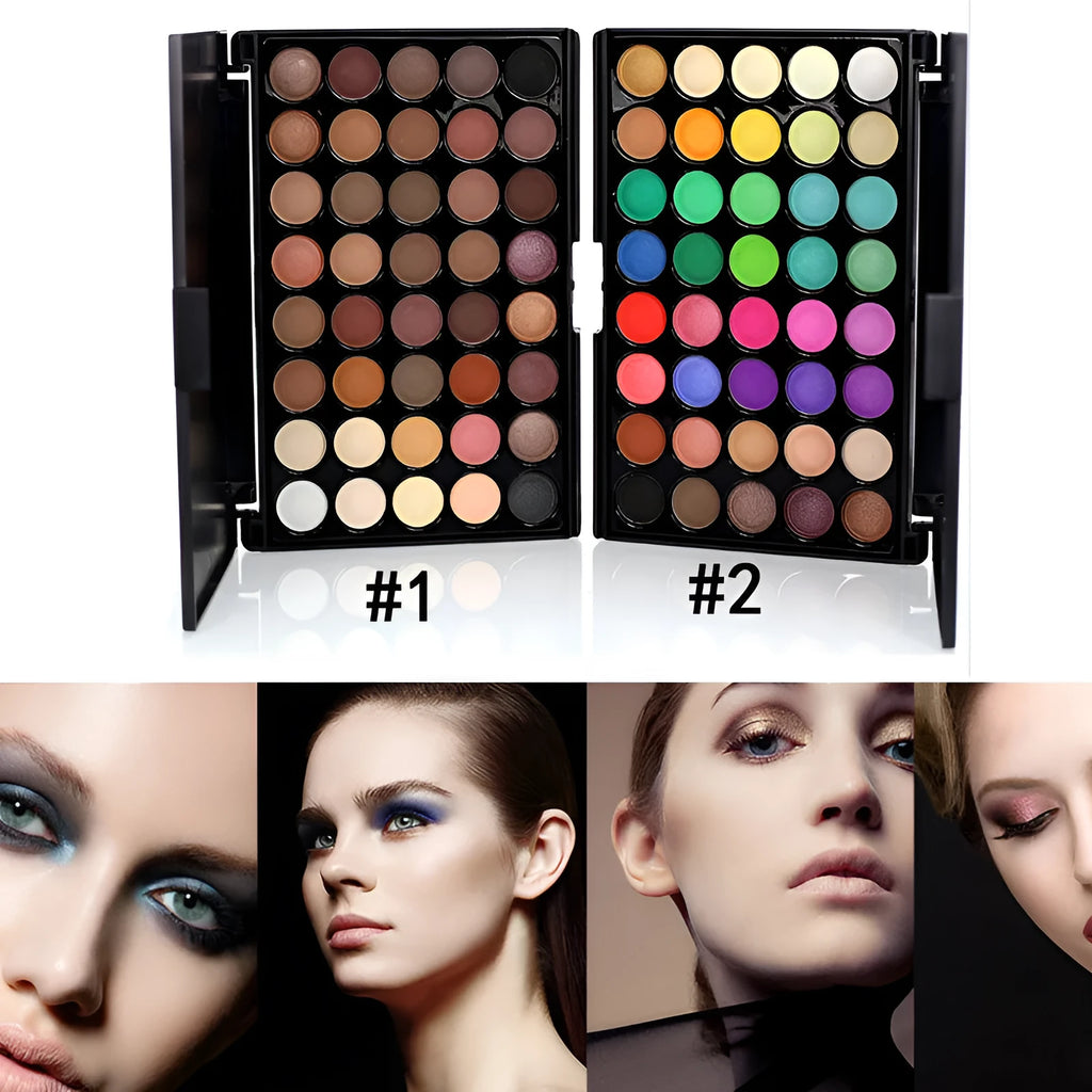 40-colour matte and glitter eyeshadow palette with a brush, showing earth tones and vibrant shades in one case