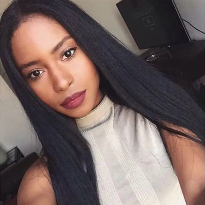 Long straight synthetic wig with centre-parted bangs in black colour