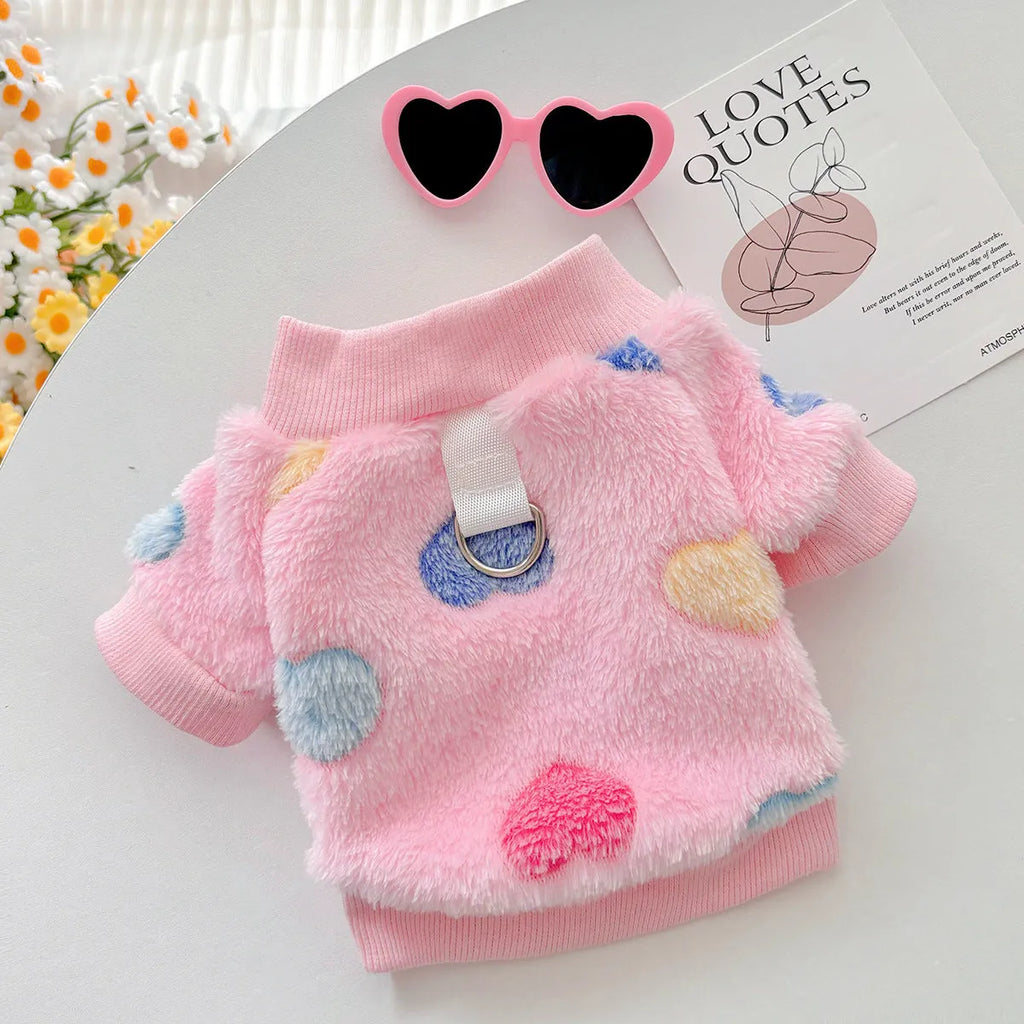 Flannel pet clothing in pink love pattern on a light background, cotton material, available from XS to XXL