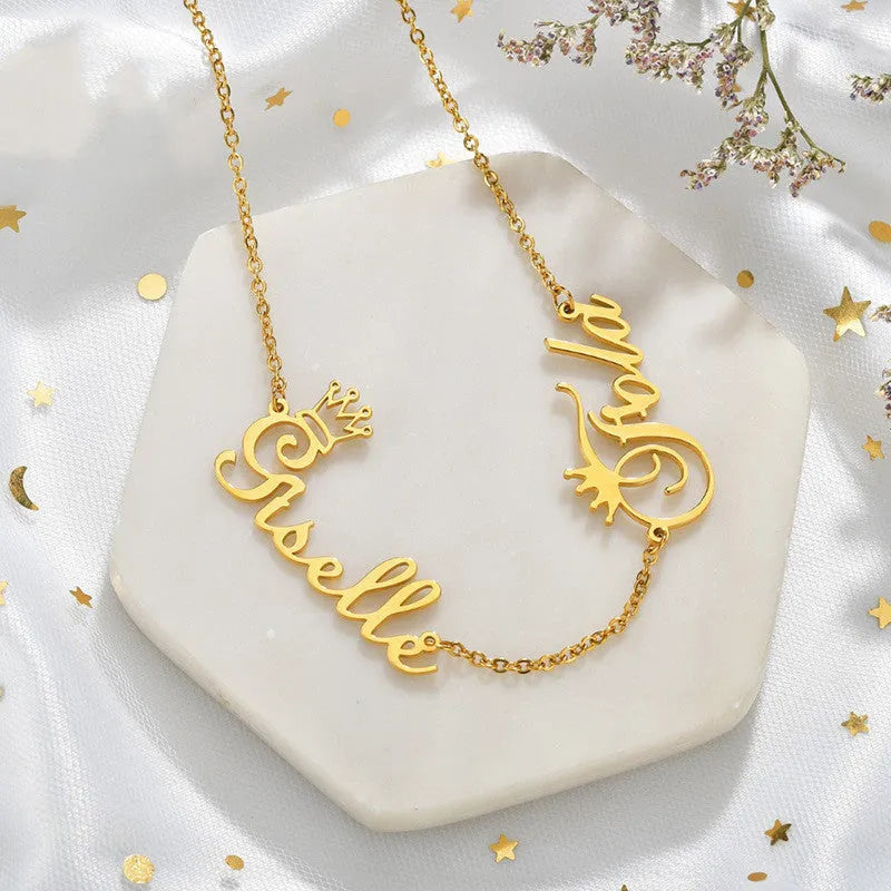 Custom name necklace stainless steel with titanium steel pendant engraved with two names gold finish