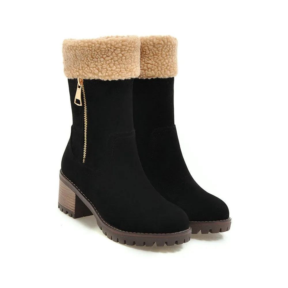 Snow boots with rubber sole and plush lining in black, grey, green, or orange