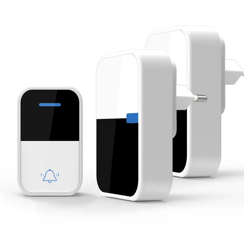 Modern white plastic wireless doorbell with receiver and transmitter units showing compact dimensions