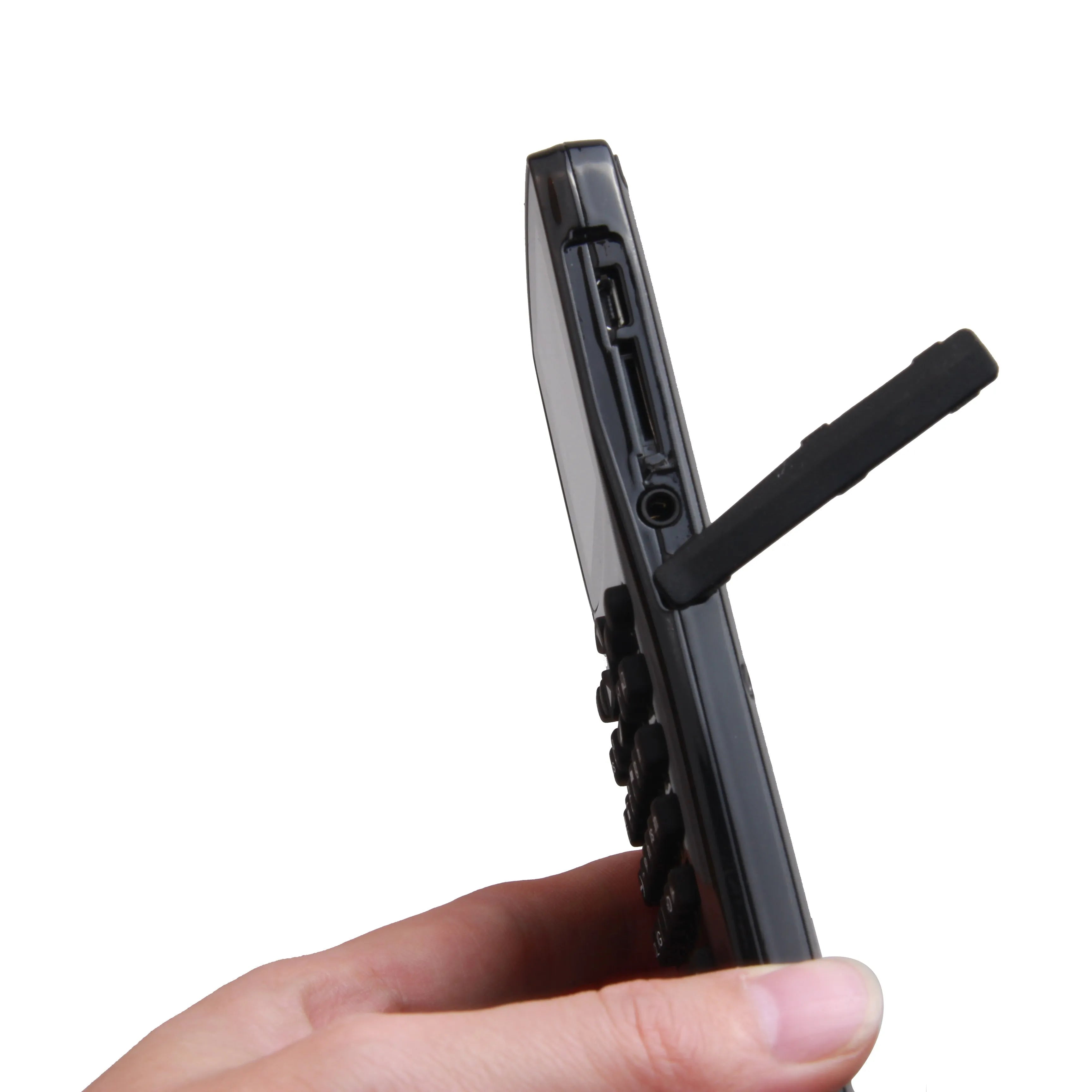 Black multifunction e-book reader with a 2.8cm screen and an adjustable strap, showing language selection menu.