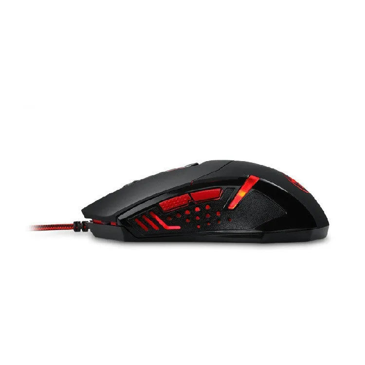 Black and red wired USB gaming mouse with six buttons on an office desk.